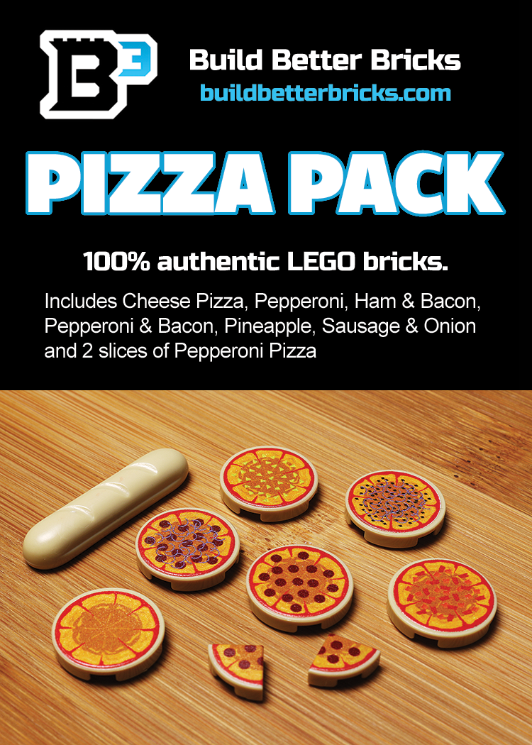 Packaging card for Pizza Pack made using LEGO parts - B3 Customs, showing custom LEGO slices of cheese, pepperoni, ham & bacon, pineapple, sausage & onion pizzas arranged on a wooden surface.