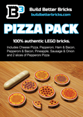 Packaging card for Pizza Pack made using LEGO parts - B3 Customs, showing custom LEGO slices of cheese, pepperoni, ham & bacon, pineapple, sausage & onion pizzas arranged on a wooden surface.