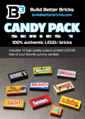 Packaging card showcasing the Candy Pack (Series 1) made using LEGO parts - B3 Customs, featuring 10 custom printed LEGO tiles inspired by popular candy designs.