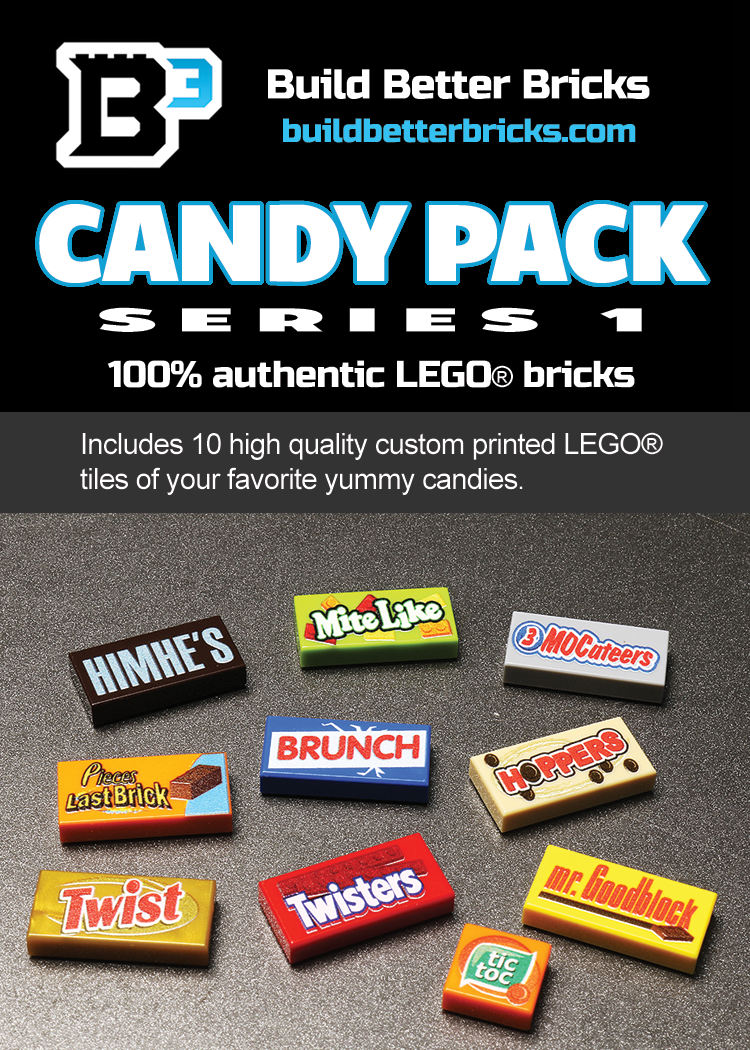 Packaging card showcasing the Candy Pack (Series 1) made using LEGO parts - B3 Customs, featuring 10 custom printed LEGO tiles inspired by popular candy designs.