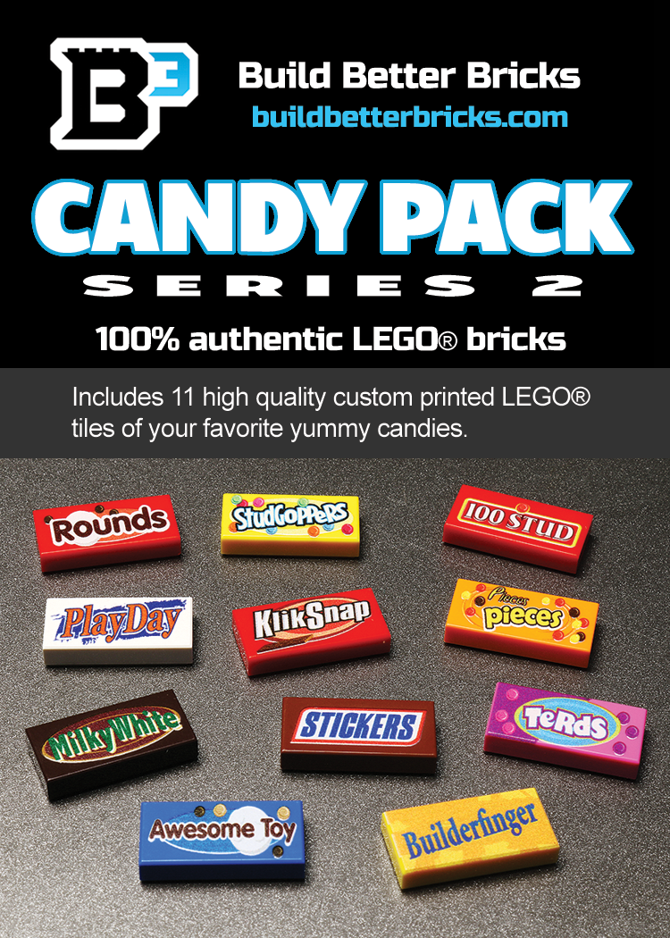 Packaging card for Candy Pack (Series 2) made using LEGO parts, featuring 11 custom printed LEGO tiles mimicking popular candy bar designs on a dark surface.