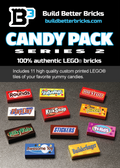 Packaging card for Candy Pack (Series 2) made using LEGO parts, featuring 11 custom printed LEGO tiles mimicking popular candy bar designs on a dark surface.