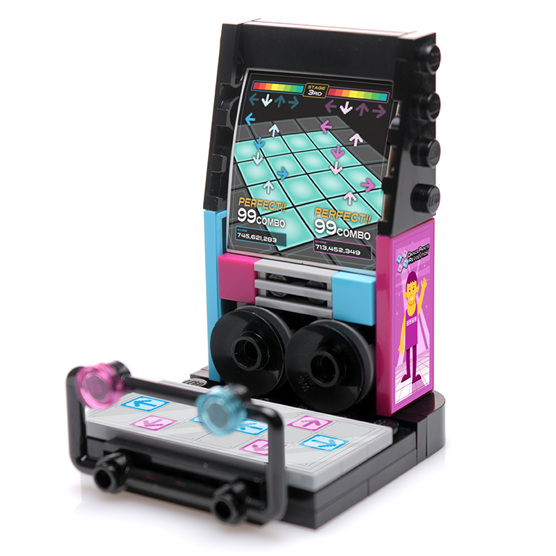 Arcade Dance Machine Minifig Building Set made using LEGO parts - B3 Customs features a colorful miniature dance pad arcade with a vibrant screen and custom printed tiles, perfect for LEGO minifigures.
