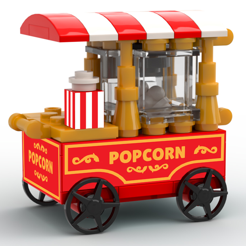 Red and white striped Popcorn Vending Cart Building Set made using LEGO parts by B3 Customs, featuring detailed popcorn machine and decorative yellow and black wheels.