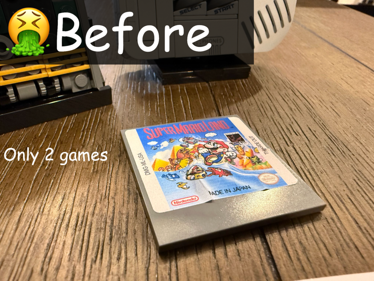 Game cartridge with 'Super Mario Land' on a wooden surface, labeled 'Before'.