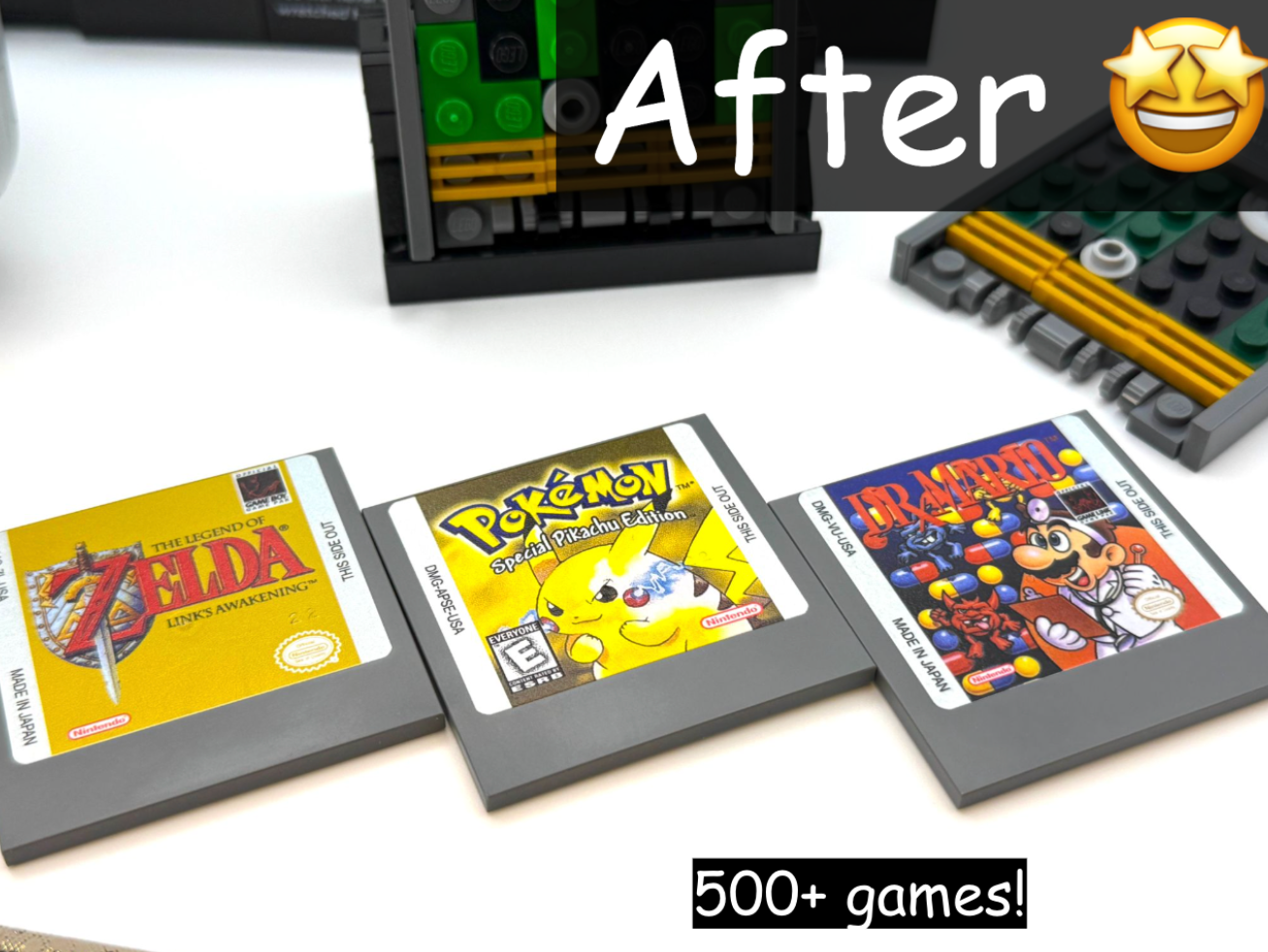 Three classic video game cartridges with 'After' text and a smiling emoji, on a white background.