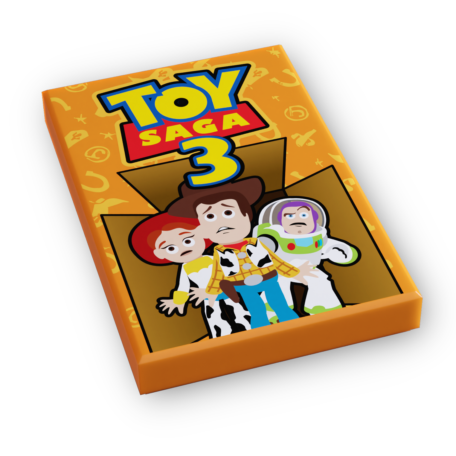 Bright orange box featuring cartoon characters resembling a cowboy, a space ranger, and a cowgirl, with the title "Toy Saga 3 Movie Cover (2x3 Tile)" prominently displayed.