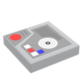 Control Panel #5 (Media w/ Buttons) for Star Wars/Space (2x2 Tile) - B3 Customs using LEGO parts features a detailed gray tile with red, blue, and white buttons and media control design, perfect for custom LEGO builds.