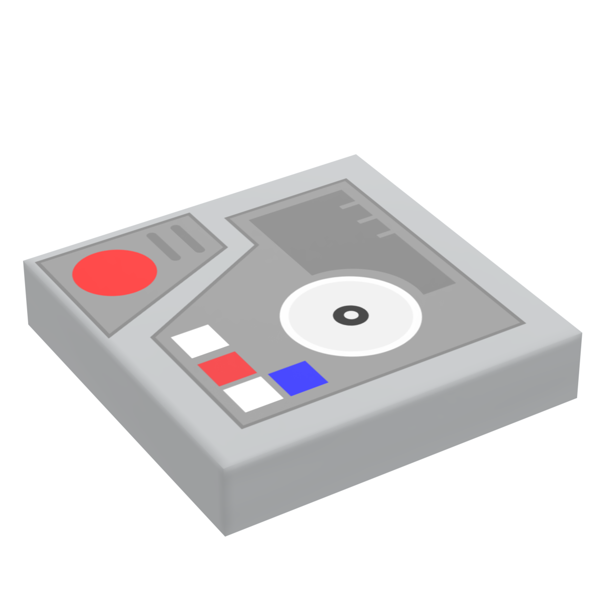 Control Panel #5 (Media w/ Buttons) for Star Wars/Space (2x2 Tile) - B3 Customs using LEGO parts features a detailed gray tile with red, blue, and white buttons and media control design, perfect for custom LEGO builds.