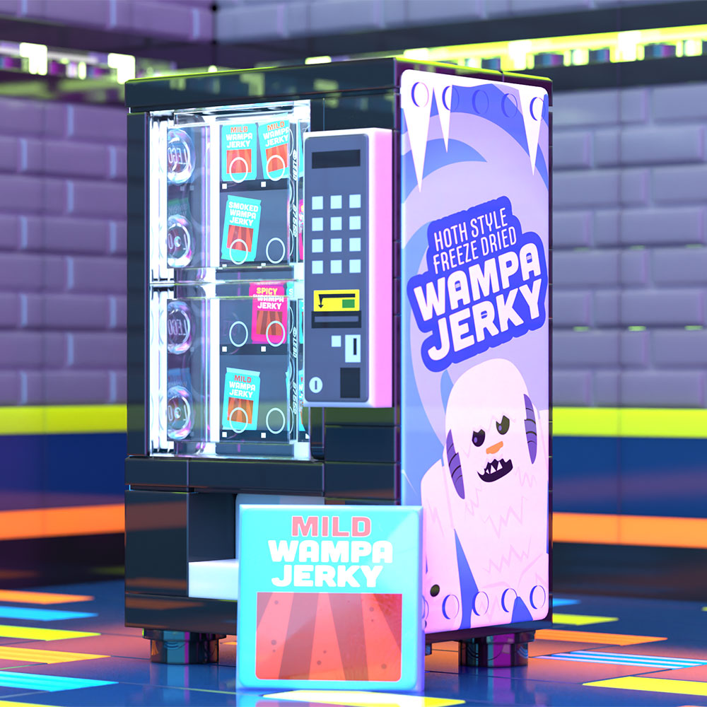 Wampa Beef Jerky Minifig Vending Machine Building Set made using LEGO parts - B3 Customs features a detailed black vending machine with custom printed tiles advertising Hoth style freeze dried Wampa Jerky and mild jerky options.