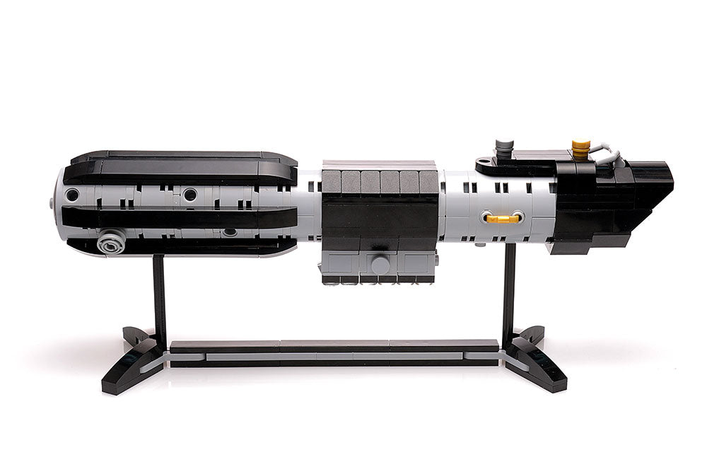 Life Size Darth Vader's Saber Hilt w/ Stand by B3 Customs, a detailed LEGO brick model with black and white elements displayed on a custom black stand.