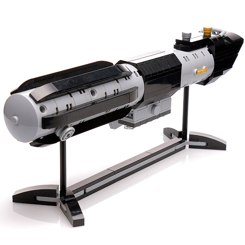 Life Size Darth Vader's Saber Hilt w/ Stand by B3 Customs, a detailed LEGO brick model showcasing Darth Vader's lightsaber hilt in black and gray on a sleek display stand.