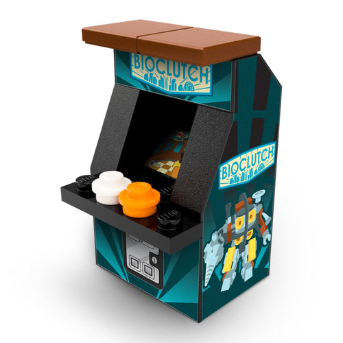 BioClutch Classic Arcade Machine by B3 Customs, a custom LEGO arcade game with retro '80s decals, featuring detailed controls and vibrant character artwork on the side.