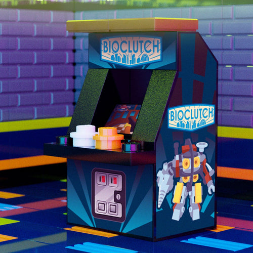 BioClutch Classic Arcade Machine by B3 Customs, a custom LEGO arcade game with authentic decals and vibrant colors, designed for minifigures to enjoy retro-style gameplay.