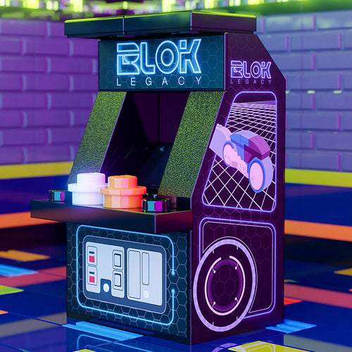 BLOK Legacy Classic Arcade Machine by B3 Customs, a retro-style LEGO arcade with custom decals, designed for LEGO minifigures to play classic '80s games.