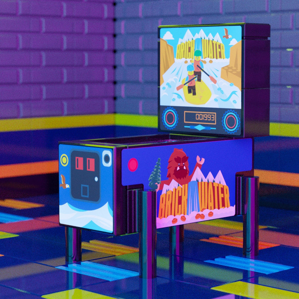 A custom LEGO pinball arcade machine model featuring colorful water rafting graphics and detailed decals, part of the Brick Water Rafting - B3 Customs Pinball Arcade Machine Building Set.