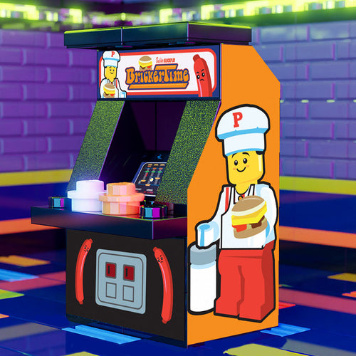 Bricker Time Classic Arcade Machine by B3 Customs, a custom arcade game designed for LEGO minifigures with colorful decals featuring a retro '80s style and playful character graphics.