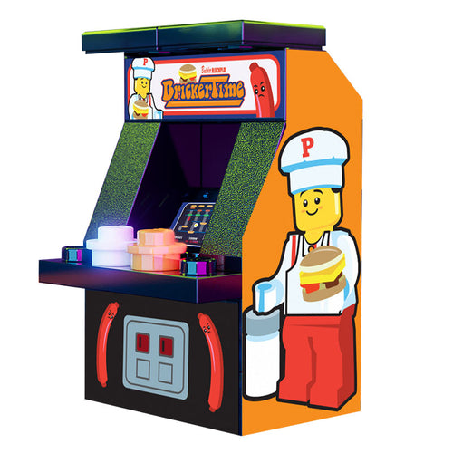 Bricker Time Classic Arcade Machine by B3 Customs features a colorful retro arcade design with a chef minifigure holding a burger, perfect for custom LEGO minifigures and brick MOCs.
