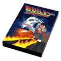 Illustrated movie cover tile titled Build to the Future Movie Cover (2x3 Tile) featuring a character standing beside a flaming vehicle on a dark blue background.