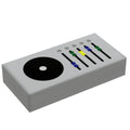 Control Panel #4 (Media Dial) for Star Wars/Space (1x2 Tile) - B3 Customs using LEGO parts featuring a custom printed gray tile with a black media dial and colorful slider graphics.