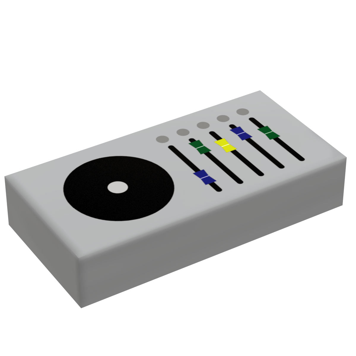 Control Panel #4 (Media Dial) for Star Wars/Space (1x2 Tile) - B3 Customs using LEGO parts featuring a custom printed gray tile with a black media dial and colorful slider graphics.