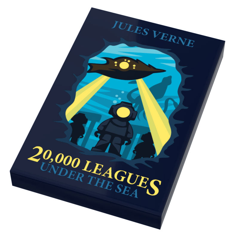 Dark blue custom printed 20,000 Leagues Under the Sea Custom Printed Book (2x3 Tile) made using LEGO part featuring underwater scene with submarine and deep sea diver artwork by B3 Customs.