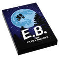 E.B. Extra-Builder Movie Cover (2x3 Tile) featuring a night sky with a large blue moon, silhouette of a figure flying a bike, and pine trees in the foreground.