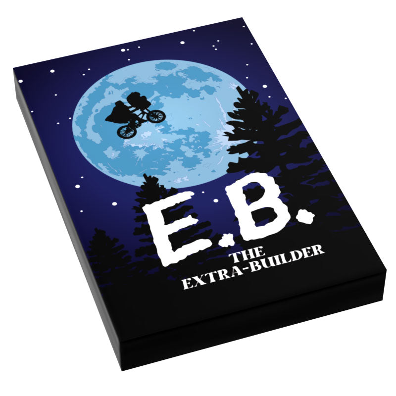 E.B. Extra-Builder Movie Cover (2x3 Tile) featuring a night sky with a large blue moon, silhouette of a figure flying a bike, and pine trees in the foreground.