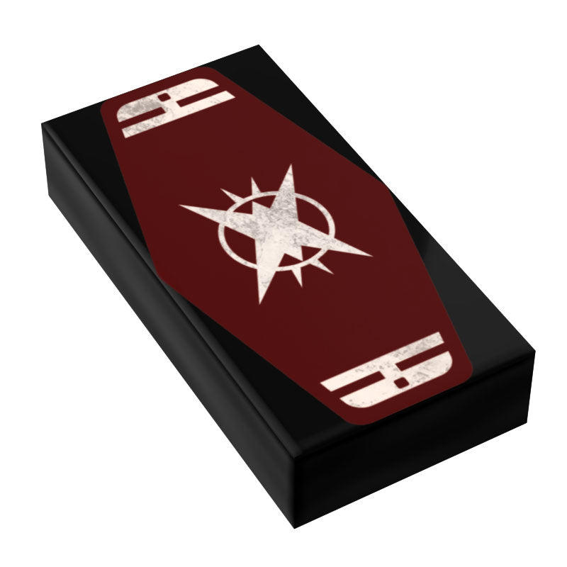 Red Ace Sabacc Card Custom Printed 1x2 Tile made using LEGO part - B3 Customs featuring a weathered red design with star emblem, perfect for custom LEGO printing and brick MOCs.