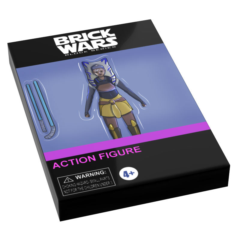 Ahsoka Action Figure (Blox Series) Tile (2x3) made from LEGO parts by B3 Customs, shown in packaging with accessories inspired by brick mocs and custom minifigures.