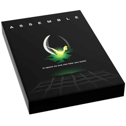 Assemble Movie Cover Tile (2x3 Tile) featuring a sleek black design with a glowing green alien figure in a crescent shape and the phrase "In space no one can hear you build," perfect for custom lego printing and brick mocs.