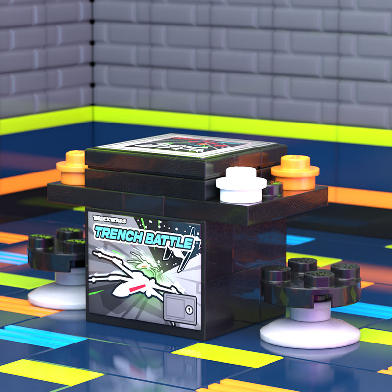 A custom LEGO arcade machine featuring the Trench Battle 2-Player Classic Arcade made using LEGO parts - B3 Customs, displayed on a colorful tiled surface with detailed printed tiles.