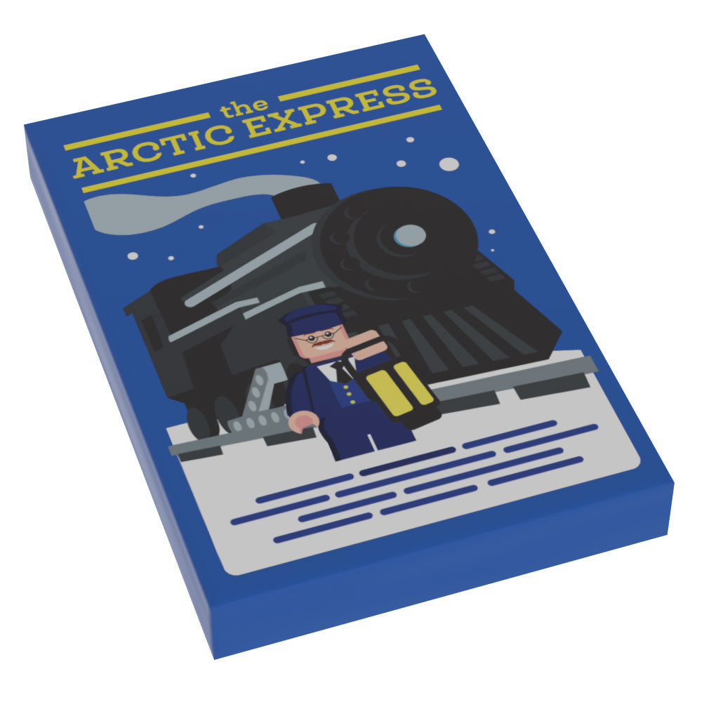 Blue custom printed tile featuring a stylized locomotive and conductor minifigure with lantern, titled Arctic Express Train Christmas Movie Cover (2x3 Tile) - B3 Customs.