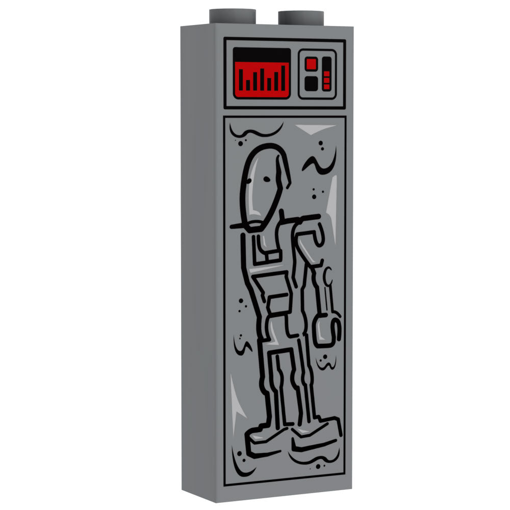Battle Droid in Carbonite (1x2x5 Brick) - B3 Customs features a detailed gray custom LEGO brick with a stylized battle droid frozen in carbonite design and red control panel accents.