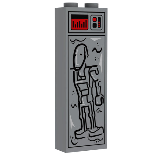 Battle Droid in Carbonite (1x2x5 Brick) - B3 Customs features a detailed gray custom LEGO brick with a stylized battle droid frozen in carbonite design and red control panel accents.