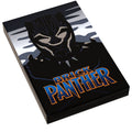 Stylized graphic of a black panther character with glowing white eyes and blue highlights on a dark background, featuring bold orange text beneath, displayed on the Brick Panther Movie Cover Tile (2x3 Tile).