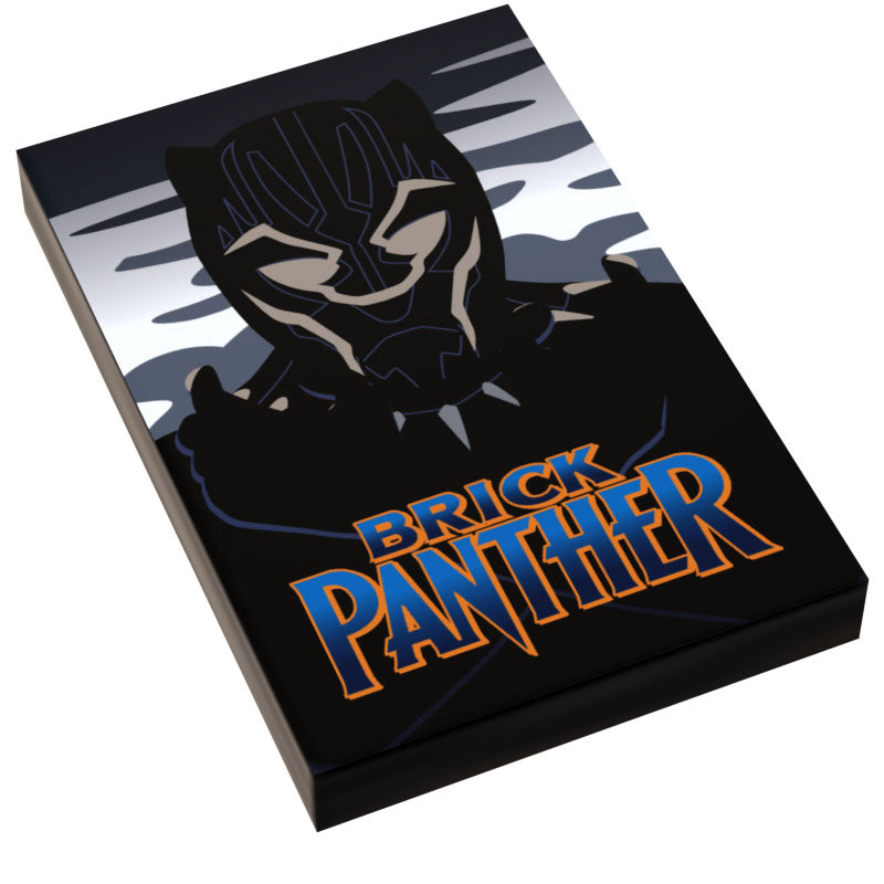 Stylized graphic of a black panther character with glowing white eyes and blue highlights on a dark background, featuring bold orange text beneath, displayed on the Brick Panther Movie Cover Tile (2x3 Tile).
