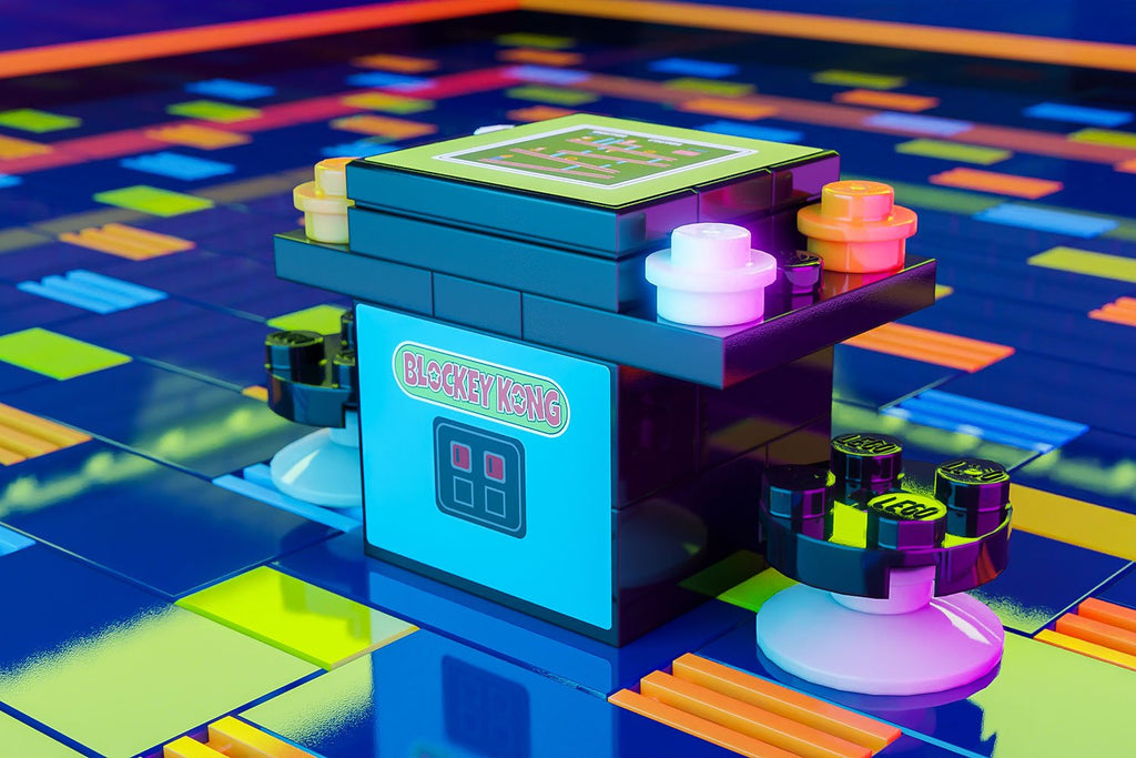 Blockey Kong 2-Player Classic Arcade made using LEGO parts - B3 Customs showcases a detailed custom LEGO arcade machine with vibrant colors and unique brick design by B3 Customs.