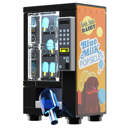 Detailed Blue Milk Popsicles Vending Machine Building Set made using LEGO parts by B3 Customs, featuring custom printed tiles and vibrant popsicle designs on a compact LEGO vending machine model.