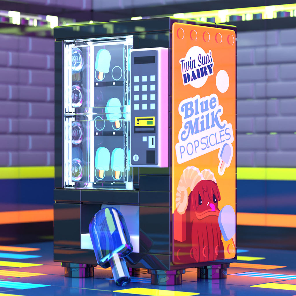 Detailed LEGO vending machine model featuring blue milk popsicles with a colorful Twin Suns Dairy design, created by B3 Customs in the Blue Milk Popsicles Vending Machine Building Set made using LEGO parts - B3 Customs.