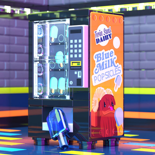 Detailed LEGO vending machine model featuring blue milk popsicles with a colorful Twin Suns Dairy design, created by B3 Customs in the Blue Milk Popsicles Vending Machine Building Set made using LEGO parts - B3 Customs.