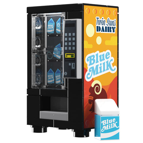 Blue Milk Vending Machine Building Set made using LEGO parts - B3 Customs features a detailed LEGO model of a vending machine dispensing Blue Milk with custom printed tiles and a Twin Suns Dairy design.