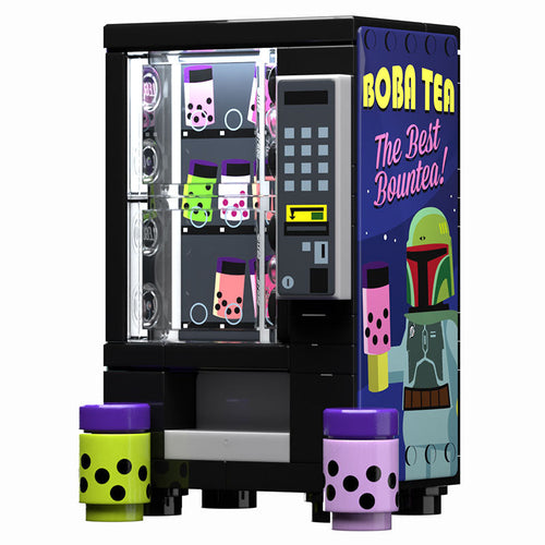 Detailed Boba Tea Vending Machine Building Set - B3 Customs LEGO model featuring vibrant custom printed boba drinks and a themed design inspired by Boba Fett for authentic brick MOCs.