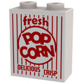 Fresh Popcorn Box for Minifigs - B3 Customs using LEGO parts features a white brick with red vintage-style popcorn text, perfect for custom minifigures and brick MOCs.