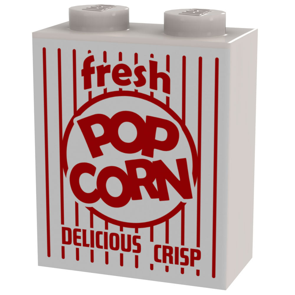 Fresh Popcorn Box for Minifigs - B3 Customs using LEGO parts features a white brick with red vintage-style popcorn text, perfect for custom minifigures and brick MOCs.