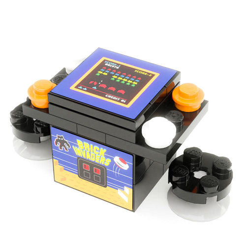 Compact LEGO arcade game model featuring colorful buttons and a classic Space Invaders-style screen, showcasing the Brick Invaders 2-Player Classic Arcade made using LEGO parts - B3 Customs.