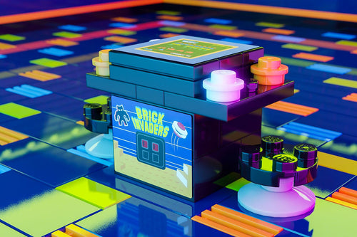 Colorful LEGO model of a Brick Invaders 2-Player Classic Arcade made using LEGO parts - B3 Customs, displayed on a vibrant pixelated game-themed base by B3 Customs.
