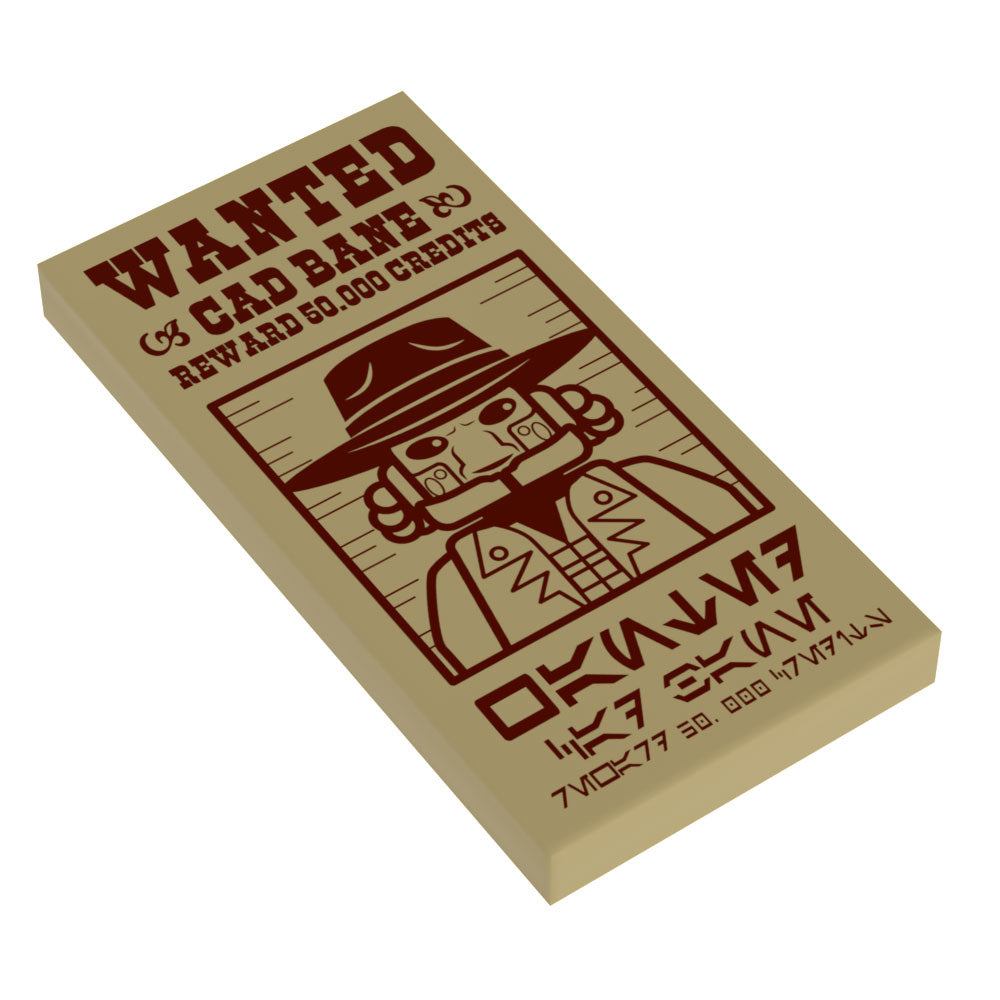 Cad Bane Wanted Poster (2x4 Tile) made using LEGO parts - B3 Customs features a custom printed tile with a stylized LEGO depiction of Cad Bane and bounty text, perfect for brick MOCs.