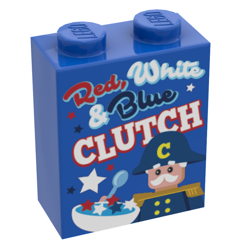 Red, White & Blue Capt. Clutch Cereal (1 x 2 x 2 Brick) by B3 Customs features a custom blue LEGO brick designed as a patriotic cereal box with stars, stripes, and a captain character.