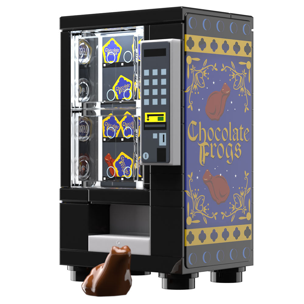 A detailed Chocolate Frogs Vending Machine Building Set made using LEGO parts by B3 Customs, featuring a realistic vending machine design with custom printed tiles and a displayed chocolate frog figure.